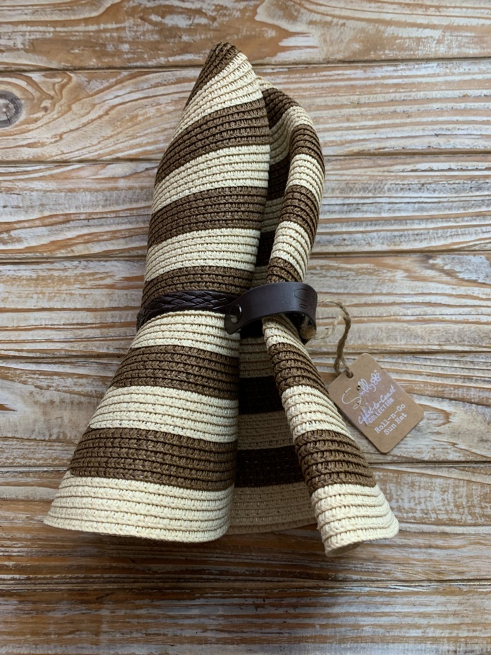 NWT Sunlily Roll-n-Go Sun Hat Coast-to-Coast Striped Brown